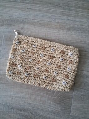 Woven Straw Cowrie Shell Embellished Clutch